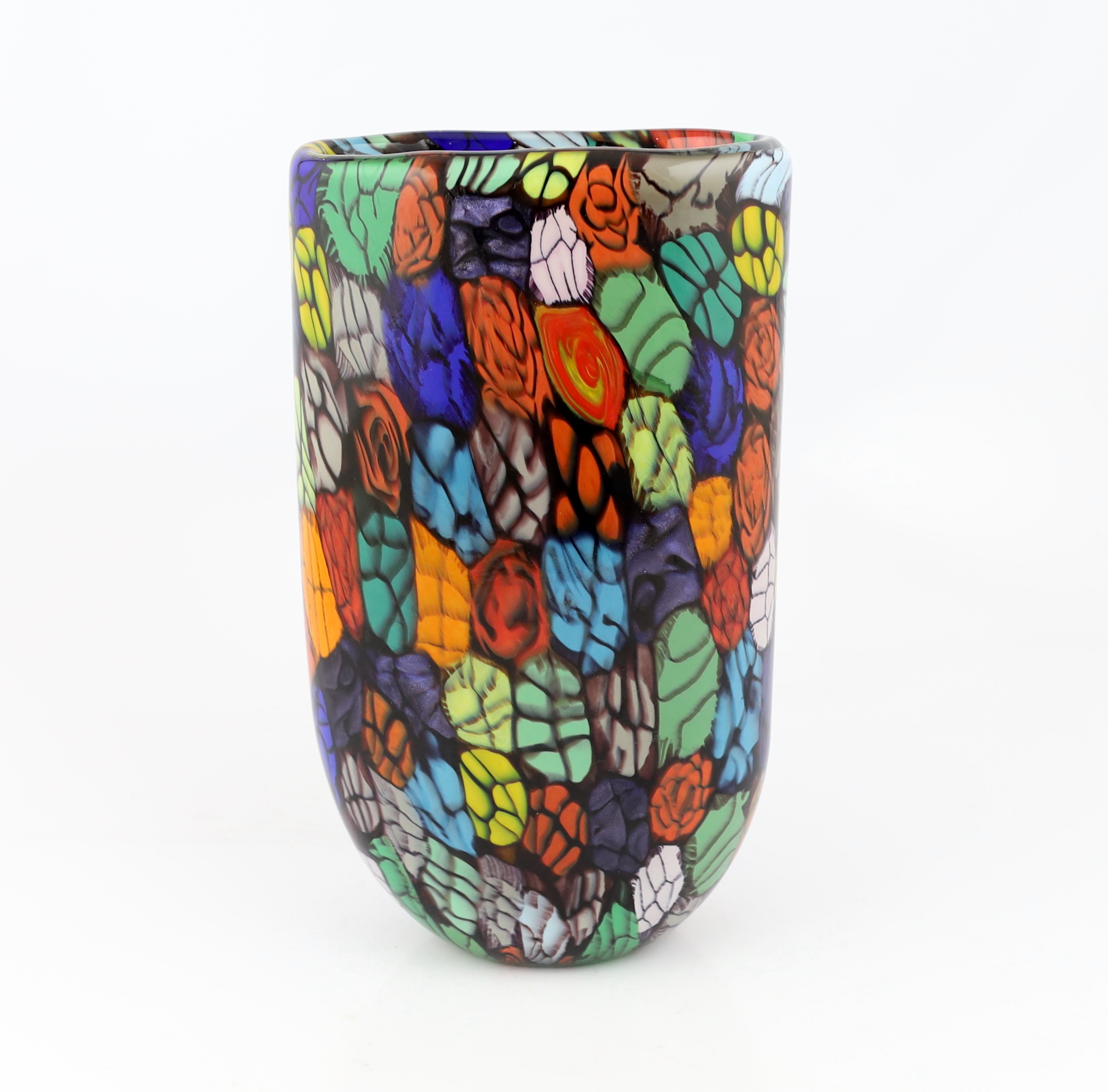 Vittorio Ferro (1932-2012) A Murano glass Murrine vase, decorated with red rosebuds on a green leaf ground, unsigned, 30cm, Please note this lot attracts an additional import tax of 20% on the hammer price